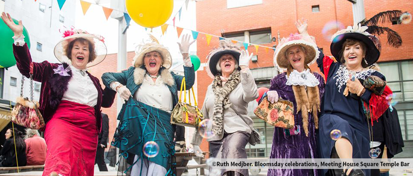The lades from Ennis, Bridie Frawley, Anne Burke, Margaret Horan, Carmel Kehoe and Noreen Fly, enjoying Bloomsday celebrations in Meeting House Square Temple Bar. Photography by Ruth Medjber