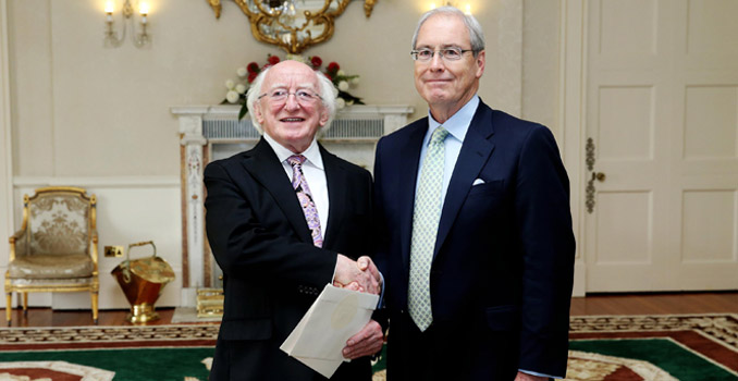 H.E. Mr. Kevin F. O’Malley, Ambassador of the USA, presenting his Letter of Credence to the President at Áras an Uachtaráin