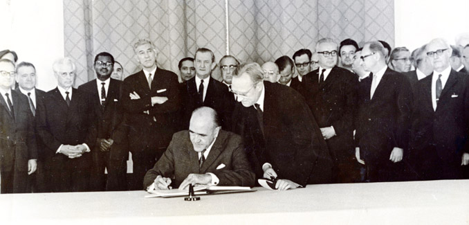 Minister for External Affairs Frank Aiken was the first signatory of the Non-Proliferation Treaty in 1968
