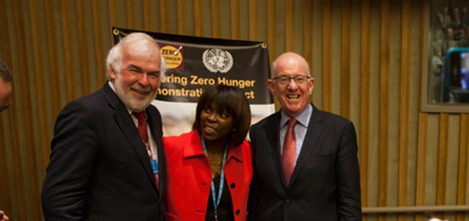 Tom Arnold, left, chairman of the Convention of the Irish Constitution, Ertharin Cousin, second from left, Executive Director of the United Nations World Food Programme, and Charles Flanagan, center, Minister for Foreign Affairs and Trade, Ireland, attend the Delivering Zero Hunger – at the United Nations in New York, U.S., on Thursday, September 25, 2014.  Photograph by Michael Nagle
