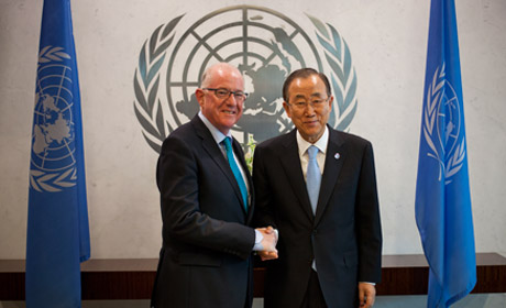 Charles Flanagan, left, Minister for Foreign Affairs and Trade, Ireland, meets with United Nations Secretary-General Ban Ki-Moon during the 69th United Nations General Assembly in New York, U.S., on Monday, September 29, 2014.  Photograph by Michael Nagle