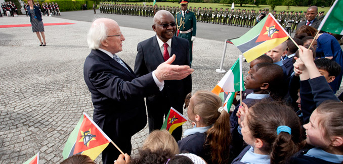 President of the Republic of Mozambique Mr Armando Emilio Guebuza with The President of Ireland, Michael D Higgins meeting children from Our Ladyswell Primary School Mulhuddart at Aras an Uachtarain during President Guebuza's 4 day state visit to Ireland from the 3rd to the 6th of June .Photo Chris Bellew / Copyright Fennell Photography 2014