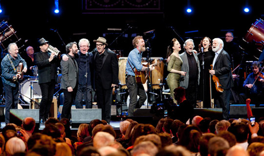 Pictured are performers from left, Donal Lunny, Steve Nieve, Conor j O'Brien, Paul Brady, Elvis Costello, Glen Hansard, Imelda May, Andy Irvine, Lisa Hannigan and John Sheehan at a Celebration of British and Irish Culture Concert in the Royal Albert Hall in London on the third official day of the Presidents 5 day State Visit to the United Kingdom