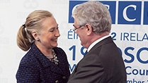 An Tanaiste Eamon Gilmore greeting US Secretary of State Hilary Clinton at the start of the 19th OSCE Ministerial Council Meeting Dublin.
