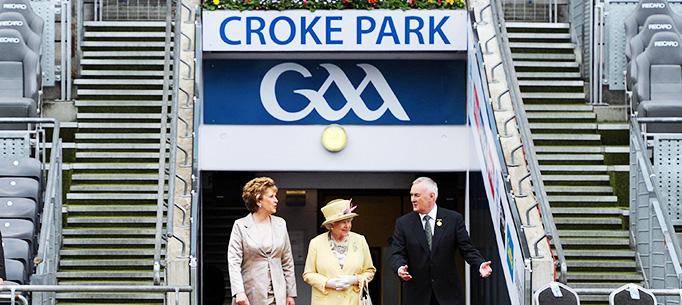 Her Majesty Queen Elizabeth II pictured at Croke Park on their State Visit to Ireland with President Mary McAleese  and Christy Cooney ,President of the Gaelic Athletic Assocation.