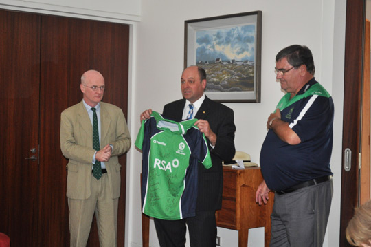 Ambassador White is presented with an Ireland Cricket Jersey 