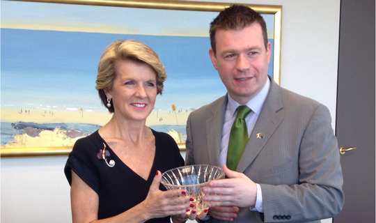 Australian Foreign Minister, Julie Bishop, with Minister Alan Kelly T.D., at the Embassy of Ireland in Canberra