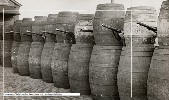 Barricade made from barrels, 1916 © Sean Sexton Collection, Courtesy of the Sean Sexton Collection