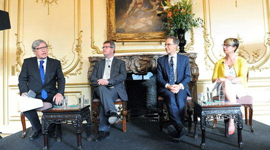 Ambassador Dan Mulhall, Sir Jeffrey Donaldson MP, Dr Andrew Murrison and Dr Caitriona Pennell discuss the Battle of the Somme at the Irish Embassy in London. (Photo Malcolm McNally).