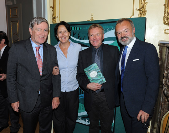 Ambassador Dan Mulhall, Fiona Shaw, Niall McMonagle and Graham Norton at the Windharp Poetry Anthology launch at the Embassy. Photo credit – Malcolm McNally