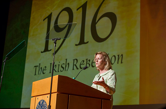Ambassador Anne Anderson addressing the guests at the gala premiere of "1916: The Irish Rebellion", Notre Dame University, 3 March 2016.