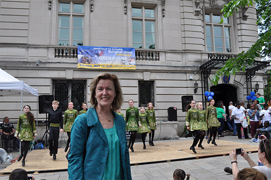Ambassador Anne Anderson photographed in front of Irish dancers outside the Embassy of Ireland, Washington DC, 14 May 2016