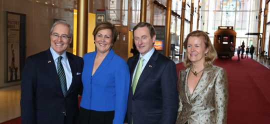 US Ambassador to Ireland Kevin O'Malley, Kennedy Center President Deborah Rutter, Taoiseach Enda Kenny, and Irish Ambassador to the US Anne Anderson. Photo taken 16 March 2015.