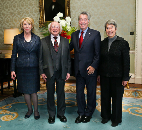 President Fischer and Mrs Margrit Fischer welcomed by President Higgins and Wife Sabina. Photo Credit: Maxwells. 