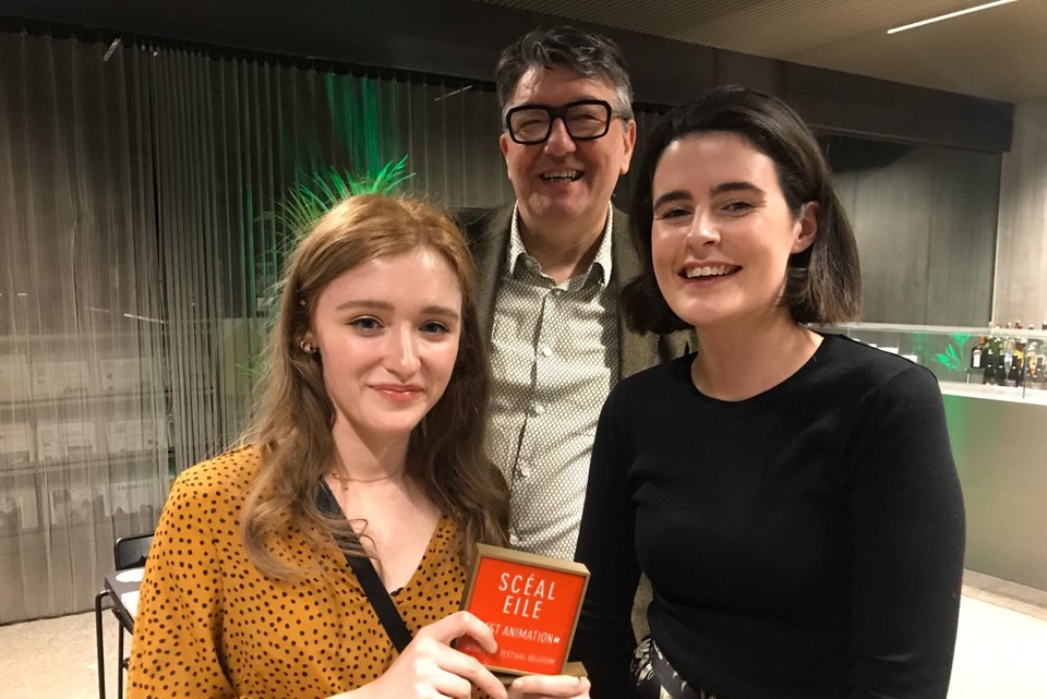 Winner of the Best Animation Award at Scéal Eile, Irish Film Festival Belgium Katie Sherlock, pictured with Deputy Head of Mission Aisling O'Leary and Head of Enterprise Ireland Benelux Patrick Torrekens. Photo credit: Declan Lynch