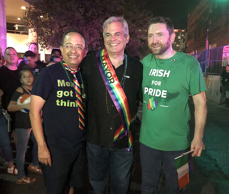 Consul General Adrian Farrell with Mexican Consul General González Gutiérrez and Mayor of the City of Austin Steve Adler at Austin Pride 2018.