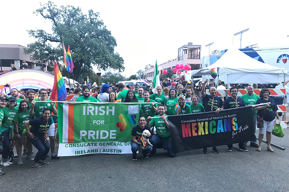Irish for Pride group with colleagues from the Mexican Consulate at the start of Austin Pride 2018.