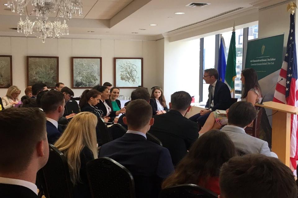 CG Ciarán Madden participates in a Q&A discussion with students from the 2019 Washington Ireland Program