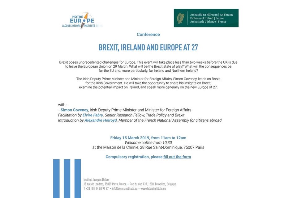 Conference on Brexit, Ireland and the EU at 27 with Tánaiste Simon Coveney, Paris, 15 March 2019