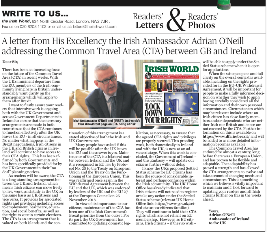 Letter from the Ambassador to The Irish World newspaper